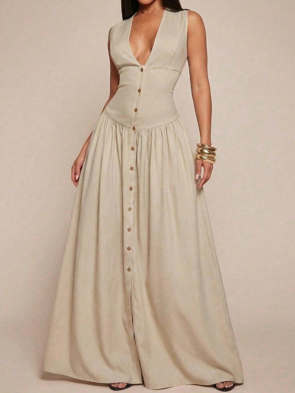 Khaki Elegant Women's V-Neck Sleeveless Waist-Cinched Button-Front Shirt dress - Picture 4 of 6